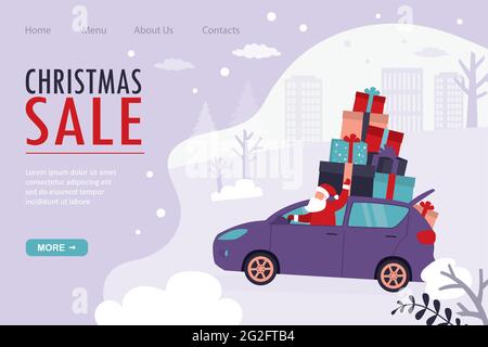 Christmas sale landing page template. Santa Claus delivers gifts on Christmas and New Year. Full machine presents and surprises. Concept of new year d Stock Vector