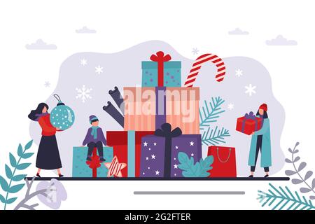 Happy women holds presents and toys, preparation for winter holidays. Xmas eve. Boxing day. Big stack of christmas gifts. New year celebration, horizo Stock Vector