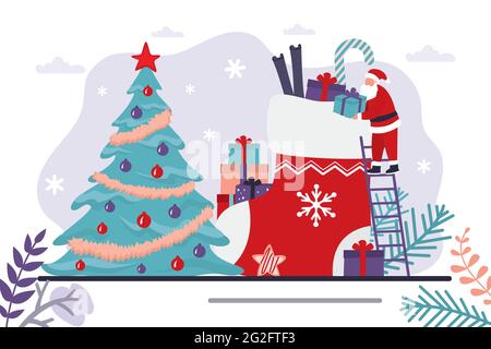 Santa Claus puts gifts in big red sock. Christmas and new year celebration, horizontal banner. Traditional christmas tree. December holidays. Funny ne Stock Vector