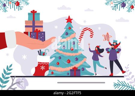 Santa Claus hand gives gifts. Happy family near traditional xmas tree, christmas celebration. New year, winter holidays, horizontal banner. Boxing day Stock Vector