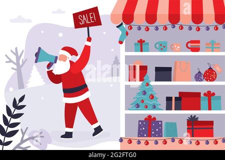 Shop window with Christmas decorations and gift boxes. Male promoter dressed as Santa Claus holds discount board. Winter discounts and season sales. B Stock Vector