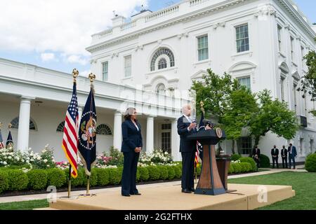 Washington, USA. 13th May, 2021. President Joe Biden, joined by Vice President Kamala Harris, delivers remarks on the CDC's updated guidance on mask wearing for vaccinated individuals Thursday, May 13, 2021, in the Rose Garden of the White House. (Official White House Photo by Adam Schultz via Credit: Sipa USA/Alamy Live News Stock Photo
