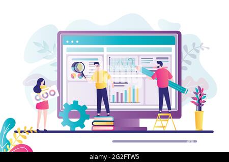 Business team working together. Finance analyst banner. Stock market forecasting, stocks statistic and business trends forecast. Teamwork, characters Stock Vector