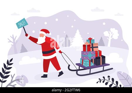 Santa Claus announces new year discounts and holiday sales. Father Christmas carries sled with gift boxes. Concept of winter holidays. Buying gifts fo Stock Vector