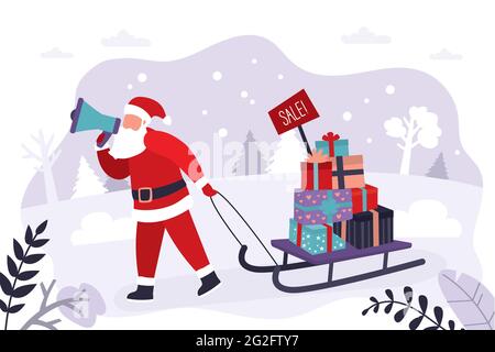 Father Christmas with megaphone announces new year discounts and seasonal sales. Santa claus carrying sled with presents. Grandfather in red suit and Stock Vector