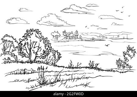 Jungle lake graphic black white landscape sketch illustration vector ...