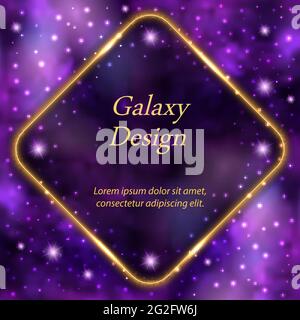 Golden glowing frame on galaxy space background. Gold rhumb border and magic cosmic world with shiny stars. Banner or poster design Vector illustratio Stock Vector