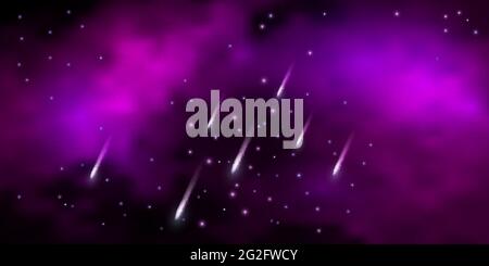 Galaxy space background with shining star nebula and flying meteorites and cloudy mist. Purpla abstract cosmic backdrop, vector illustration Stock Vector