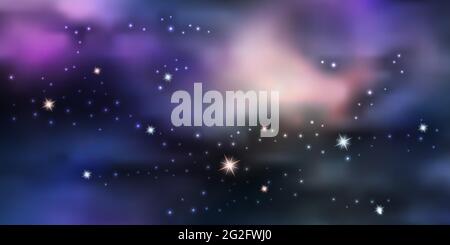 Galaxy space background. Night sky sith star nebula and aurora borealis. Glowing stardust, blue and purple colors shine. Vector illustration Stock Vector