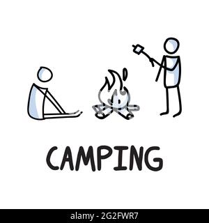 Stick figures icon of outdoor camping. Holiday pictogram with text Stock Vector