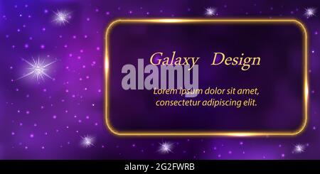 Galaxy banner design. Mysterious purple universe space with star nebula background and golden glowing frame border. Magic backdrop for your banner or Stock Vector