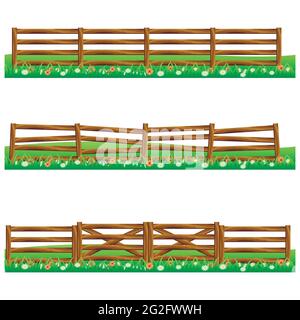 Set of farm wooden fences isolated on white background with grass and flowers.Fits as scene elements for cartoon or game asset. Vector illustration. Stock Vector