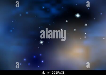 Night bluestarry  sky with sunlight through clouds. Galaxy space background, nebula and star constellations. Cosmic vector illustration Stock Vector