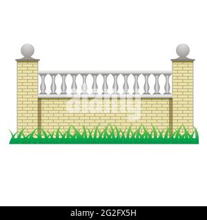 Brick fence decorated with balusters. Element to use in manor, house or garden fence. Isolated object on white background. Vector illustration Stock Vector