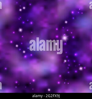 Magic galaxy space with shiny nebula  star dust. Purple mysterious night sky, light flare and cloudy mist. Abstract background, seamless cosmic patter Stock Vector