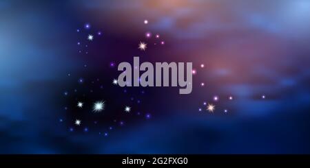 Blue night sky with purple sunset light. Galaxy space background with shiny fying stars. Vector illustration Stock Vector