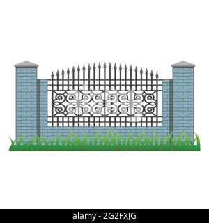 Brick fence with pillars and decorative grille. Element to use in manor, house or garden fence. Isolated object on white background. Vector illustrati Stock Vector