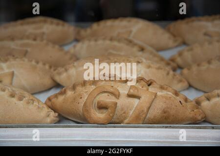 St Ives, UK. 11th June, 2021. Cornish pasties mark the G7 summit in Cornwall. Credit: Sarah Peters/Alamy Live News Stock Photo