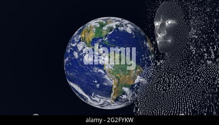 Composition of globe formed with binary coding on black background ...