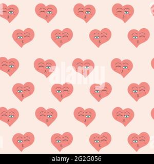 Abstract pattern. Hearts seamless pattern. Hearts with faces. Cute cartoon hearts. Template for card, poster, banner, label, print for t-shirt. Stock Vector