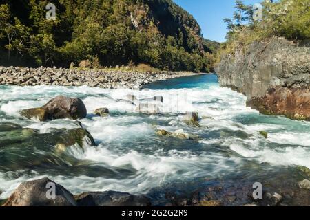 Rapids at Saltos del Petrohue waterfalls in National Park Vicente Perez Rosales, Chile Stock Photo