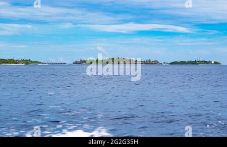 View of Villingillivaru island and Biyaadhoo or Biyadhoo- a circular ten-acre resort-island in South Malé Atoll,Kaafu Atoll ,Maldives.May 2021 Stock Photo