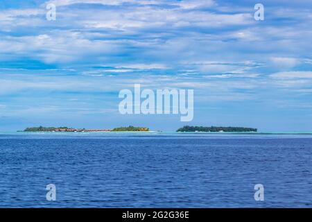 View of Villingillivaru island and Biyaadhoo or Biyadhoo- a circular ten-acre resort-island in South Malé Atoll,Kaafu Atoll ,Maldives.May 2021 Stock Photo