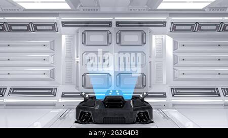 Blank blue hologram projector machine in futuristic sci fi room for mock up, 3d rendering