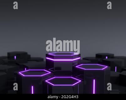 Futuristic black hexagonal sci-fi pedestal with purple neon light for display product showcase, 3d rendering