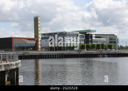 Queens Quay District heating project, Clydebank, Dunbartonshire, Scotland, UK with West College Scotland - Clydebank Campus Stock Photo