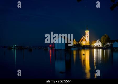 Wasserburg on Lake Constance, Bavaria, Swabia, night at the lake Stock Photo