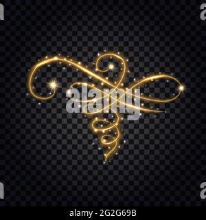 Gold flourish with light glowing effect. Design element isolated for decoration, golden glitter, neon shine, stars and luminous dust sparkles. Vector Stock Vector