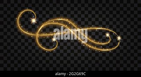 Gold glowing wave. Decorative flourish for your design. Light shine effect, golden swirl,  glittering sparkles snd stars. Vector illustration Stock Vector