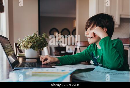 Young boy doing on school work online on computer at kitchen table. Stock Photo
