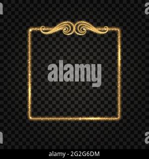 Gold square frame. Golden glow glittering effect, neon shine, light particles and star dust. Design element, border. Isolated on dark transparent back Stock Vector