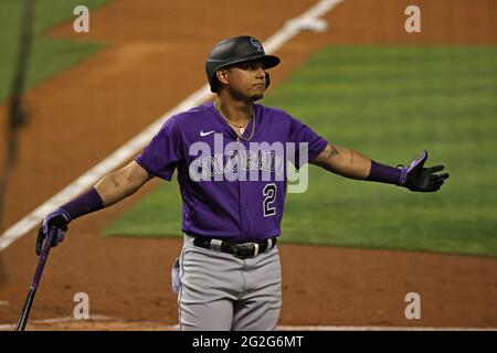 Colorado Rockies center fielder Yonathan Daza (2) reacts after striking out to Miami Marlins pitcher Trevor Rogers (28) during the second inning at loanDepot park on Thursday, June 10, 2021 in Miami, Florida. (Photo by David Santiago/Miami Herald/TNS/Sipa USA) Stock Photo