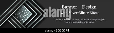 Silver Christmas banner design with light glowing effect, snowflakes and glitter sparks. Modern geometric style, silver shine snow and lines on black Stock Vector