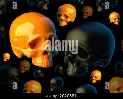 Abstract composition with flying sculpted orange and black plastic skulls without lower jaws isolated on black background. 3d illustration Stock Photo