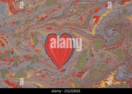 Ebru  marbling  background with heart shape. Unique art  Liquid Stock Photo