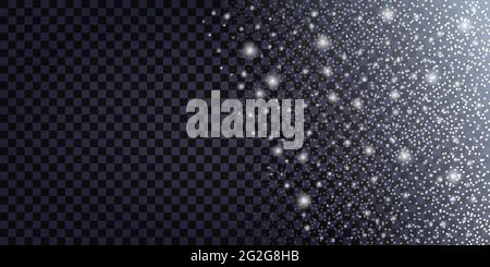 Falling snowflakes and silver snow glitter on transparent background. Winter Christmas decoration, shiny sparkles, shimmer effect, white on dark backd Stock Vector