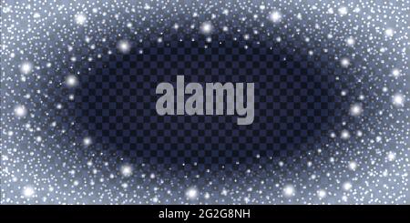 Falling snowflakes and silver snow glitter. Christmas night decorative border frame with shimmer effect and shiny particles. Transparent background, v Stock Vector