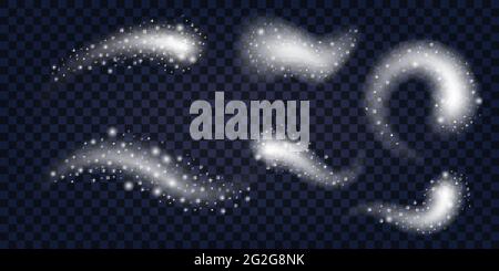 Snow and wind swirl set. Winter glitter silver snow with bizzard sparks and trail. Christmas decorative elements isolated on transparent background, w Stock Vector