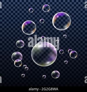 Realistic colorful soap bubbles, set of design elements isolated on transparent background. Vector illustration Stock Vector