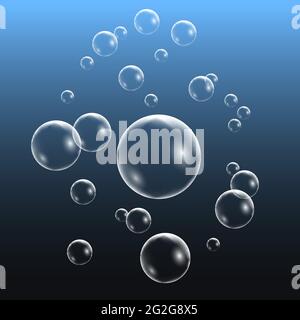Realistic water bubbles, set of design elements isolated on blue background. Vector illustration Stock Vector