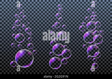 Compositions of soap bubbles, set of design elements isolated on transparent background. Vector illustration, realistic bubbles Stock Vector