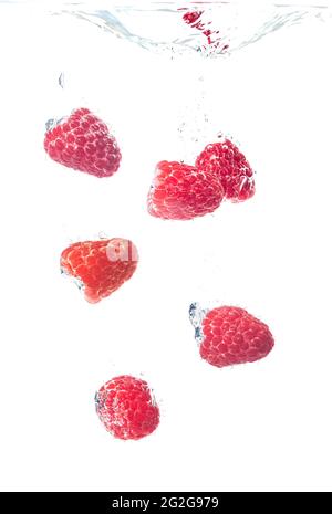 Raspberries splashing in water on white Stock Photo