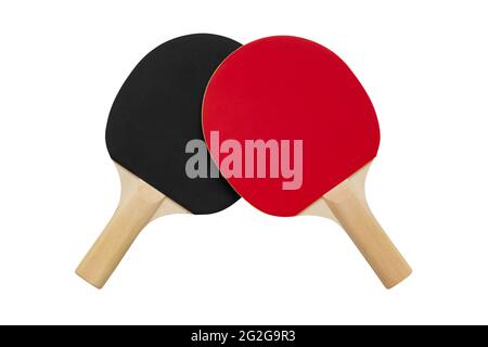 Table tennis racket isolated on white background, with inverted rubber, black and red colors. Stock Photo