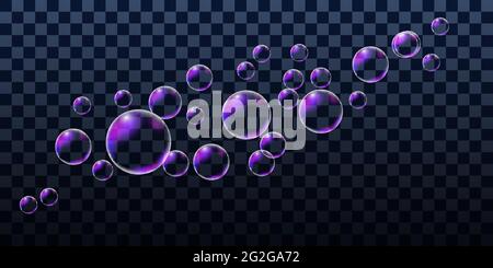 Realistic soap bubbles, set of design elements isolated on transparent background. Vector illustration Stock Vector