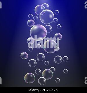 Set of water bubbles on dark blue background. Vector illustration Stock Vector