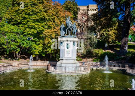 The Monument to Isabella the Catholic - Monumento a Isabel la Católica is an instance of public art located in Madrid, Spain. A work by Manuel Oms, th Stock Photo